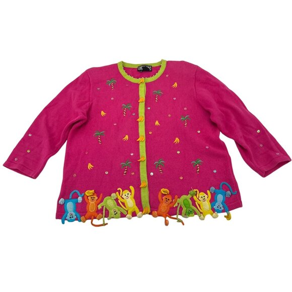 Berek Womens Monkey Cardigan Sweater M Pink Green Cotton Blend - Picture 1 of 6